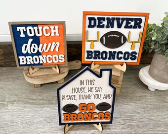 Denver football mini signs, Go Broncos, tier tray decor, touchdown sign, Broncos football