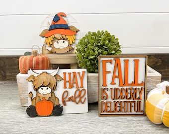 Fall highland cow signs, fluffy cows, fall, hay fall, scarecrow, fall decor, tier tray decor