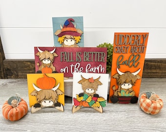 Fall highland cow mini signs, fluffy cow, scarecrow, happy fall, tier tray decor, home decor,
