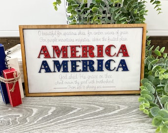 America sign, 4th of July decor, red white and blue, god shed his grace on thee, for spacious skies,
