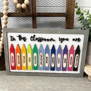 In this classroom sign, teacher gift, teacher appreciation, crayons, home decor, classroom decor, wood decor, wood sign
