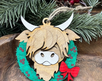 Highland cow wood ornament, farm life, fluffy cow