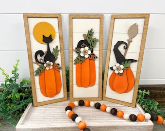 Halloween signs, black cat, pumpkin decor, witches hat, Halloween decor