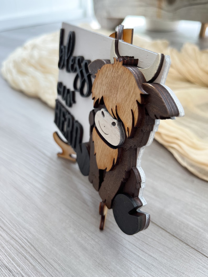 Highland cow mini signs, fluffy cow, tier tray decor, home decor, farmhouse decor, wood decor, mini signs image 5