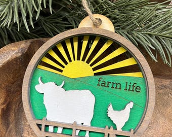 Farm life ornament, chickens, cows, farming
