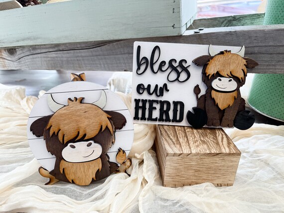 Highland cow mini signs, fluffy cow, tier tray decor, home decor, farmhouse decor, wood decor, mini signs