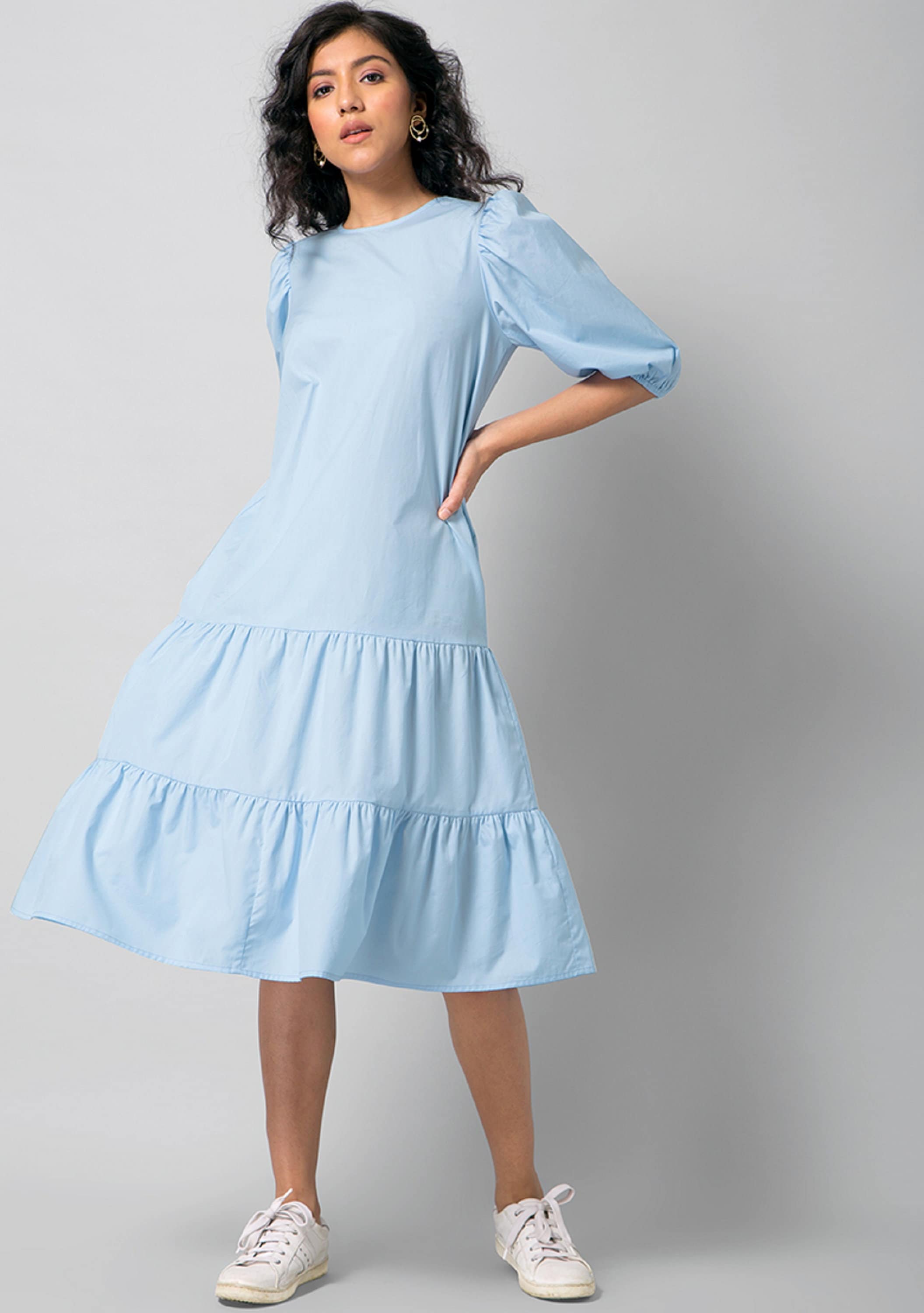 Blue Poplin Puff Sleeve Tiered Dress Organic Cotton Summer Etsy