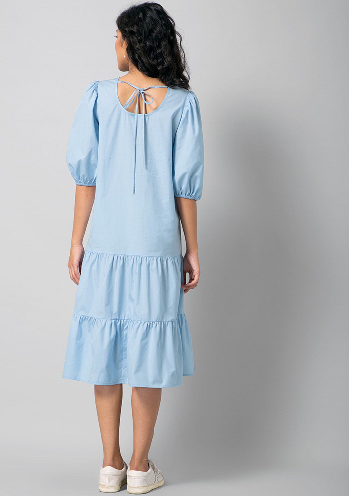 Blue Poplin Puff Sleeve Tiered Dress Organic Cotton Summer | Etsy