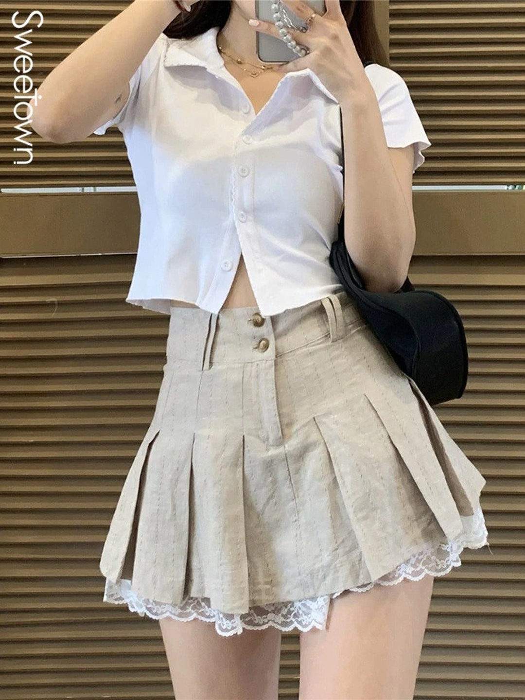 Korean Fashion Khaki Short Skirt Lace Trim Cute Pleated Skirts Etsy UK