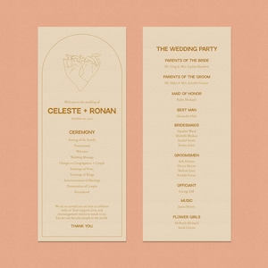 Könnte beinhalten: Ein Programm für eine Hochzeitszeremonie mit einem goldenen Herzdesign und den Namen Celeste und Ronan. Das Programm listet die Reihenfolge der Ereignisse für die Zeremonie und die Hochzeitsgesellschaft auf.