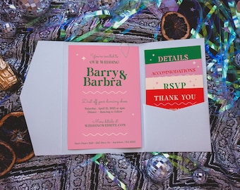 May include: A pink and green wedding invitation with the text "You're invited to our wedding Barry & Barbřa" and details about the wedding. The invitation is on a table with silver confetti and a bottle of champagne.