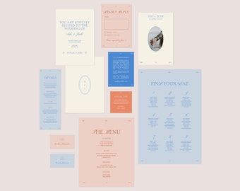 DIY Printable Wedding Invitation Menu Seating Chart Set Unique Minimal English Summer Suite Semi-Custom Customizable Template
