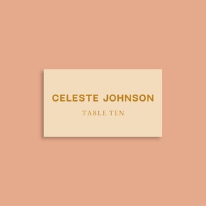 May include: A beige table card with the text "CELESTE JOHNSON" in brown lettering and "TABLE TEN" in smaller brown lettering.