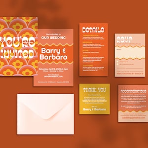 Modern Disco DIY Printable Pocket Wedding Invitation Set Colorful Unique 70s Retro Groovy Suite Customizable Template