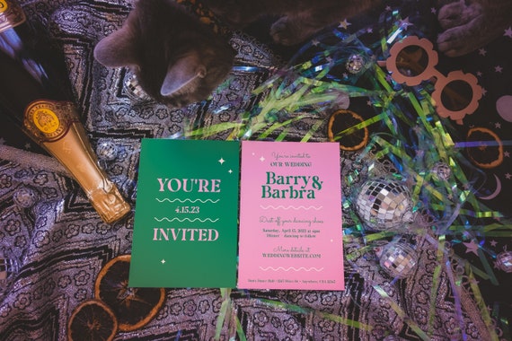 Modern Disco DIY Printable Wedding Invitation Colorful Unique 70s Retro Roller Rink Suite Customizable Template