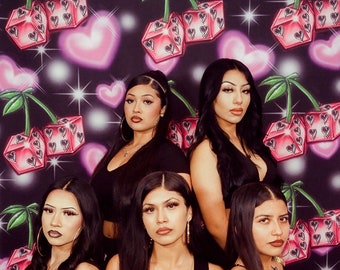 Early 2000s Y2K Backdrop Wild Cherry Dice Heart Airbrush Glamour Shots 90s Old School Photography Photo Party Background Studio Lux Rosa