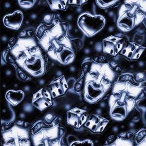 May include: A dark blue and white airbrushed pattern featuring repeating theatrical comedy and tragedy masks, six-sided dice, and heart shapes. The design includes a repeating watermark text overlay across the entire surface of the image.