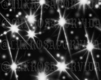 May include: Abstract black and white background with a repeating pattern of white stars with radiating light beams. The background is dark and the stars are bright and luminous.