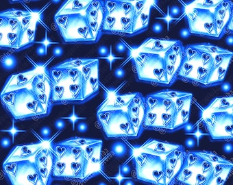 May include: A repeating pattern of glowing blue dice with heart-shaped pips. The dice are set against a dark blue background with sparkling starbursts and light flares, creating a vibrant, eye-catching design.