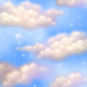May include: A digital illustration of a bright blue sky filled with fluffy, white and peach-colored clouds. Sparkling stars are scattered throughout the sky, creating a dreamy and whimsical scene.