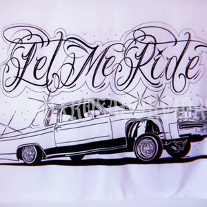 May include: White tapestry featuring a black and white illustration of a classic car with the text "Let Me Ride" in stylized script above. The car is depicted in a lowrider style with detailed line art.