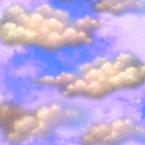 Puede incluir: Una escena de cielo digital con nubes esponjosas de color blanquecino sobre un fondo de tonos lavanda y azul. Estrellas brillantes salpican la imagen, creando un efecto caprichoso y et&eacute;reo.