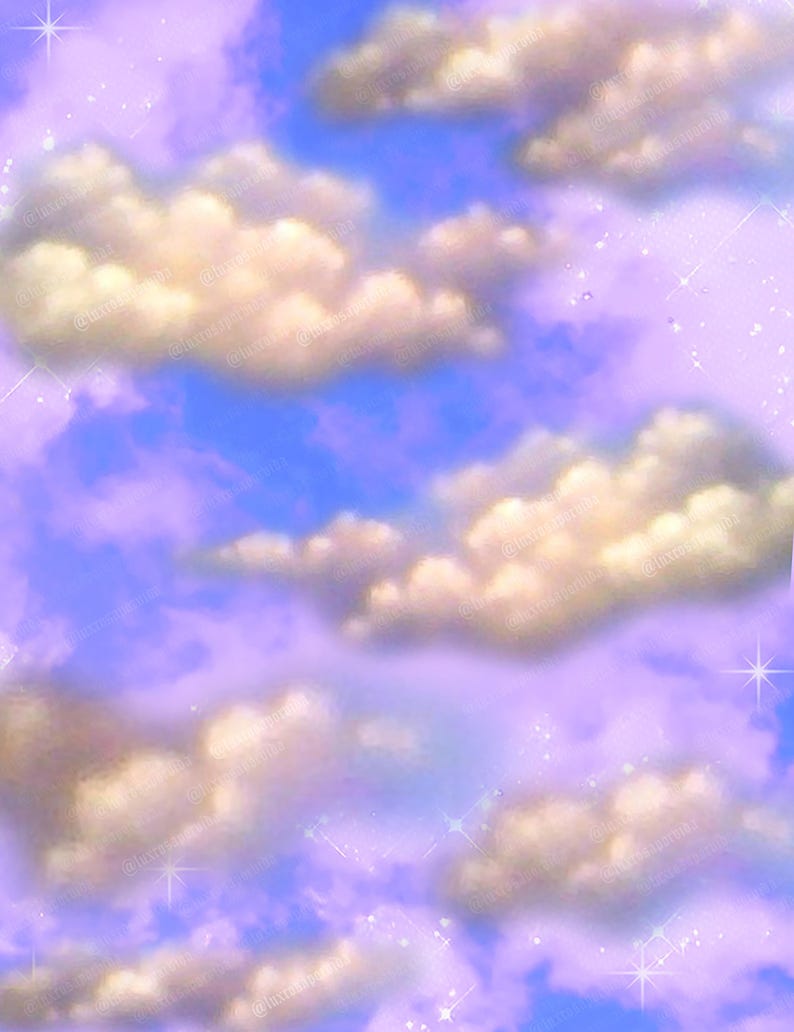 Puede incluir: Una escena de cielo digital con nubes esponjosas de color blanquecino sobre un fondo de tonos lavanda y azul. Estrellas brillantes salpican la imagen, creando un efecto caprichoso y et&eacute;reo.