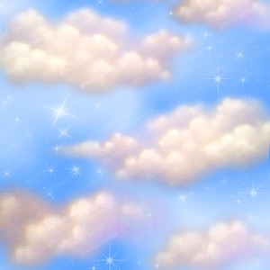 Peut inclure: Illustration numérique d'un ciel bleu rempli de nuages blancs et roses clairs. Des étoiles scintillantes sont dispersées dans le ciel. L'image a une esthétique douce et rêveuse.