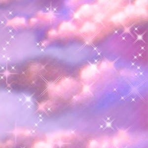 May include: A digital graphic illustration featuring a vibrant purple and pink sky filled with soft, fluffy clouds. The image is overlaid with numerous bright, four-pointed white starbursts of varying sizes, creating a sparkling effect throughout.