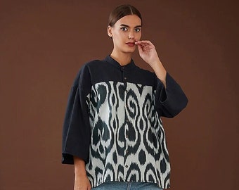 Summer Shirt, Kala Cotton and  Ikat, Handloom Weaved, Oversized Shirt, One-of-a-kind, comfortable and breathable