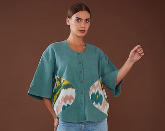 Green Kala Cotton Ikat Handloom Shirt, One-of-a-kind, Summer Shirt, comfortable and breathable