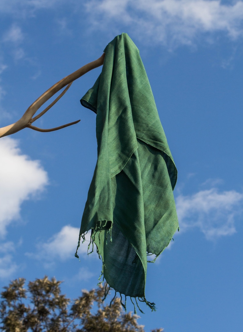 Puede incluir: Una bufanda verde oscuro con bordes con flecos cuelga de una rama contra un cielo azul con nubes blancas.