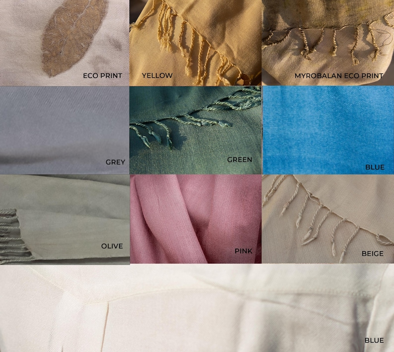 Puede incluir: Un collage de nueve muestras de tela en diferentes colores, incluyendo impresi&oacute;n ecol&oacute;gica, amarillo, impresi&oacute;n ecol&oacute;gica myrobalan, gris, verde, azul, oliva, rosa y beige. Cada muestra tiene una etiqueta con el nombre del color.