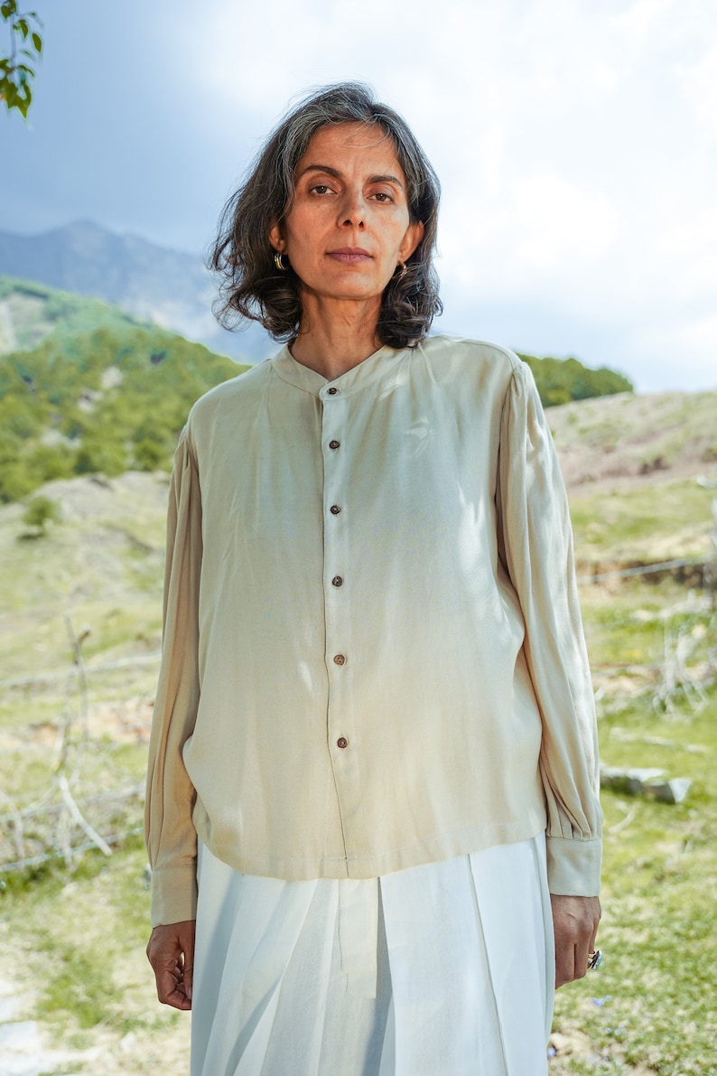 Unisex Lotus Fiber Silk Minimal Style Shirt in Victorian Style, Handspun Natural Fiber Lotus