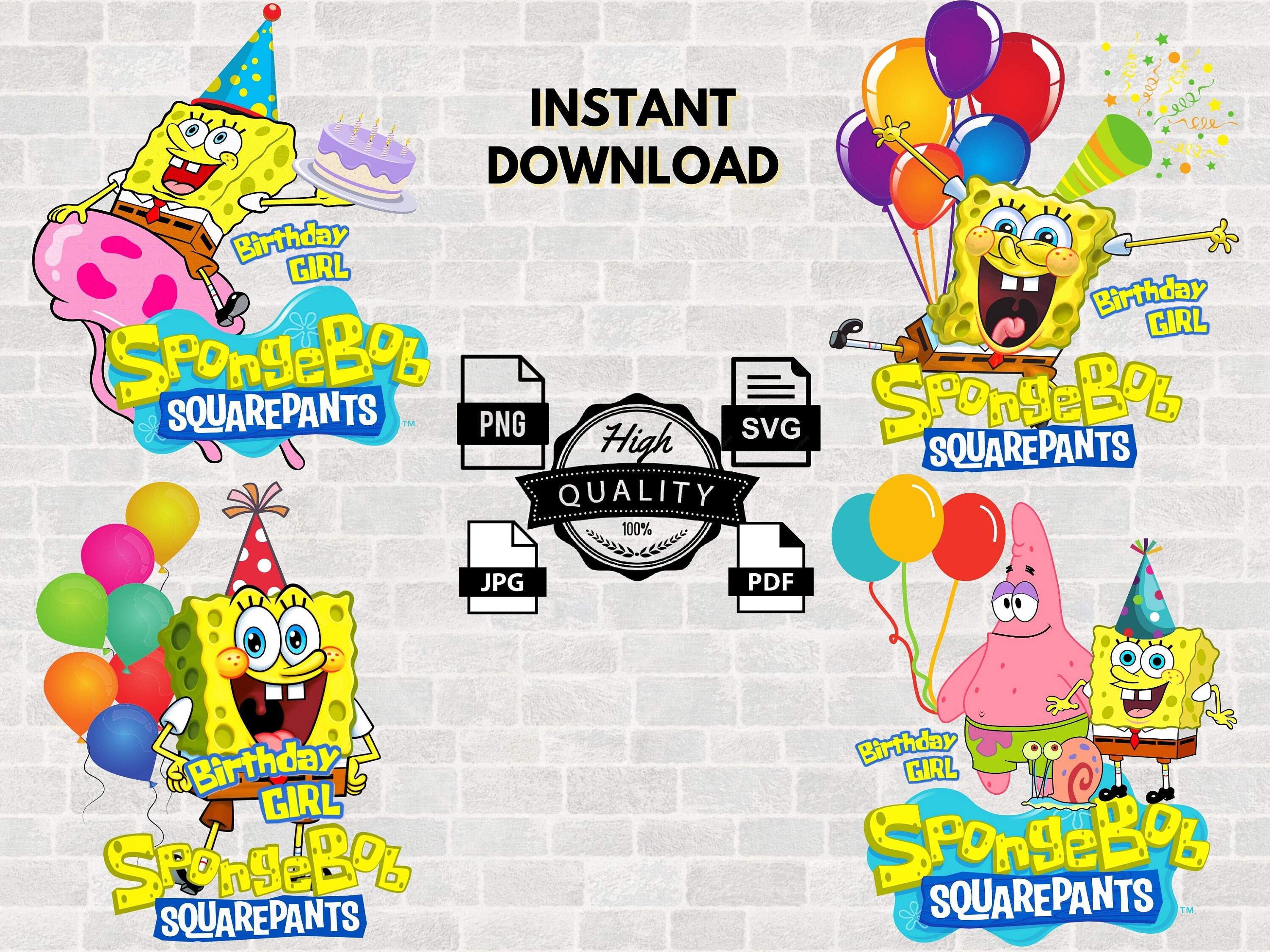 Set of 4 SPONGEBOB Squarepants Birthday Girl SVG PNG Jpg Pdf | Etsy
