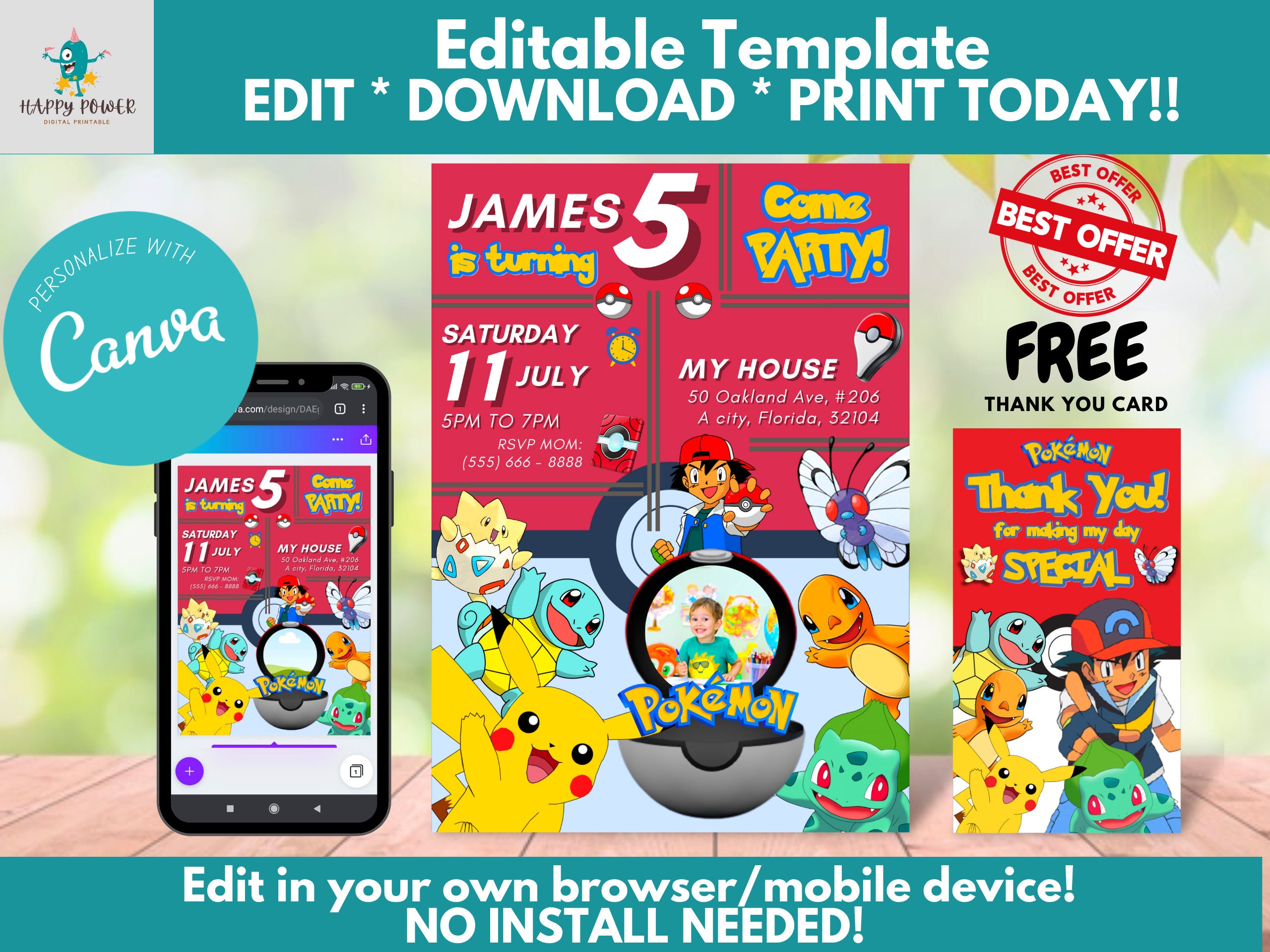 POKEMON Birthday Invitation EDITABLE Electronic Printable Etsy