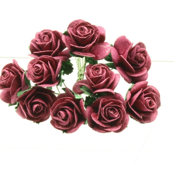 20 x Burgundy  Mulberry Paper Roses 2.5cm