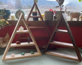 Crystal Charging Exotic Wood Medium Sized Triangle Shelf, Selenite Display Storage