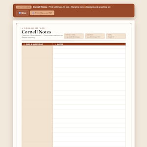 Peut inclure: Un modèle de notes Cornell imprimable au format A4 avec un en-tête marron indiquant les paramètres d'impression, un titre et des champs pour le sujet et la date. La mise en page comprend une colonne pour les questions et une pour les notes.