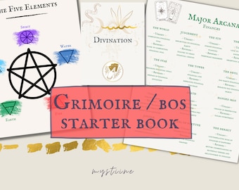 May include: An illustrated guide titled "Grimoire/BOS Starter Book" in red and white, featuring a black pentacle surrounded by five elements: air, water, earth, spirit, and fire. The guide also includes a section on divination and a section on major arcana finances.