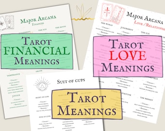 May include: Three printable tarot card meaning charts with green, pink, and yellow backgrounds. The charts are titled "Tarot Financial Meanings", "Tarot Love Meanings", and "Tarot Meanings". The charts list the major arcana cards and their meanings for finances, love, and general interpretations.
