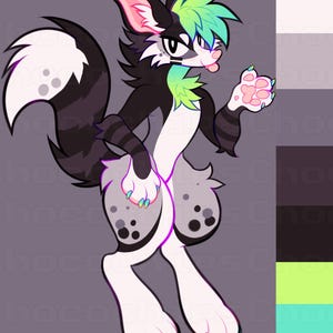 May include: A digital illustration of an anthropomorphic creature with black, white, and grey fur, featuring neon green and teal hair, ears, and claws. The character has a large bushy tail, spotted thighs, and pink paw pads, with a color palette bar.
