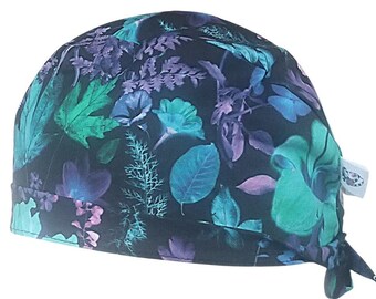 Cotton surgical cap, customizable, 3 models to choose from, flower pattern on black background, nurse surgeon cap.