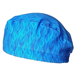 Scrub cap Calot block scrub cap nurse surgeon anesthesiologist blue flames pattern. 2 sizes to choose from, Classic or long hair