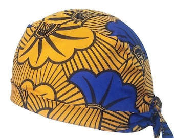 Scrub cap Wax scrub cap calot blue flowers on yellow background, cotton scrub cap, men's calot, women's calot calot 2 sizes.