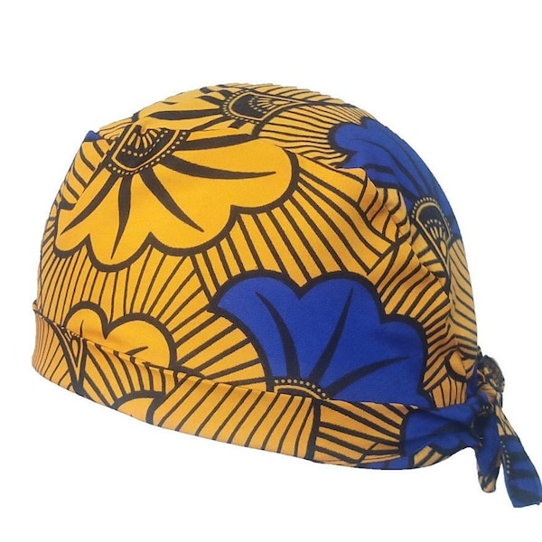 Casquette de gommage Wax scrub cap calot blue flowers on yellow background, cotton scrub cap, men's calot, women's calot calot 2 sizes.