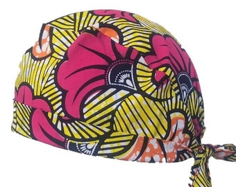 Scrub cap Wax cap calot fuchsia flowers on a yellow background, cotton scrub cap, men cap women cap calot 3 sizes to choose.
