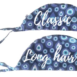 May include: Two blue and white patterned surgical caps with adjustable ties. The top cap says "Classic" and the bottom cap says "Long Hair".