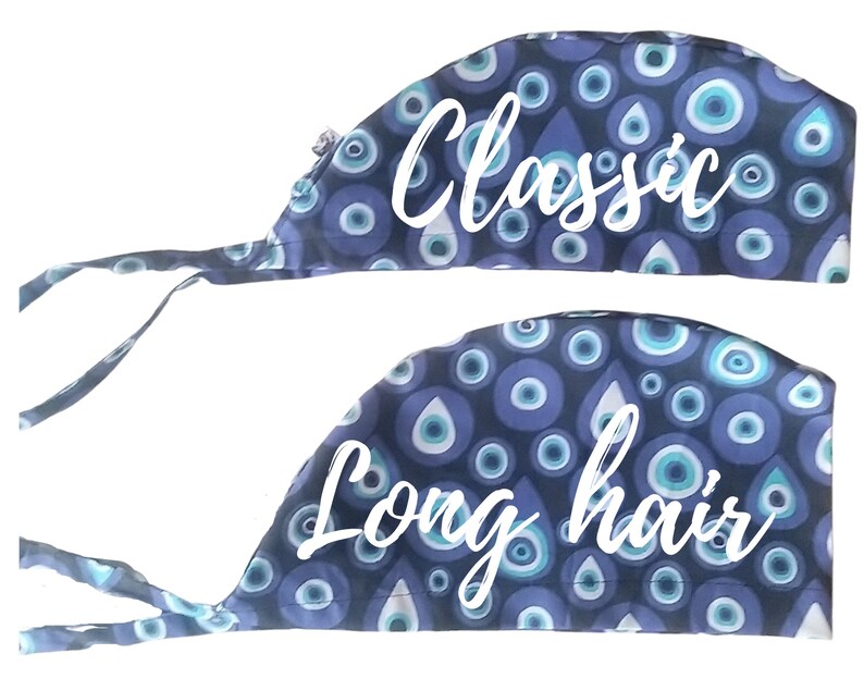 May include: Two blue and white patterned surgical caps with adjustable ties. The top cap says "Classic" and the bottom cap says "Long Hair".
