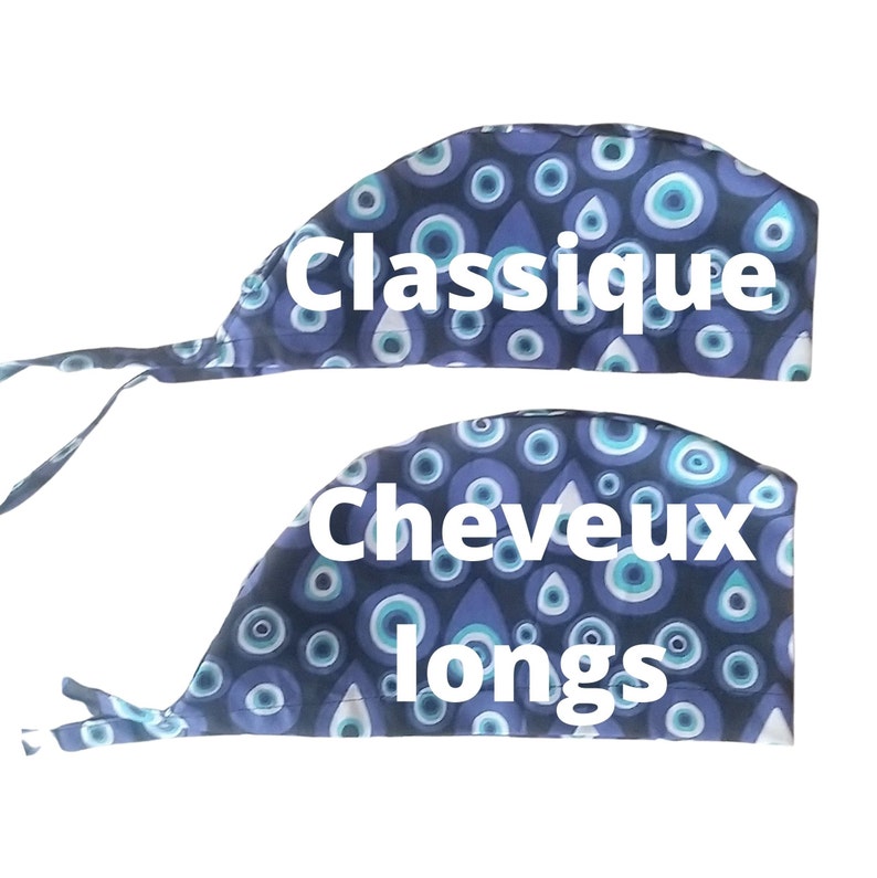 May include: Two blue and white patterned surgical caps with elastic ties. The top cap says "Classique" and the bottom cap says "Cheveux longs".